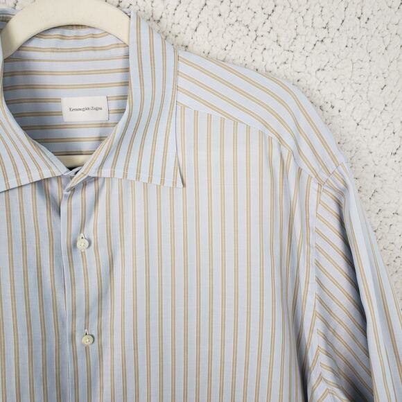 Ermenegildo Zegna Striped Dress Shirt Mens 18 48 Blue Beige Button Down 52x32 - Picture 3 of 10